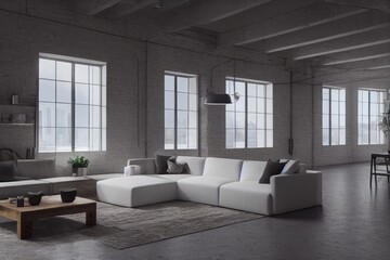 Luxury White Exposed Brick Loft Living Interior with White Couch Made with Generative AI