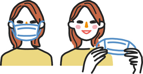 マスクをした女性とマスクをはずし手に持つ女性　セット　イラスト素材
