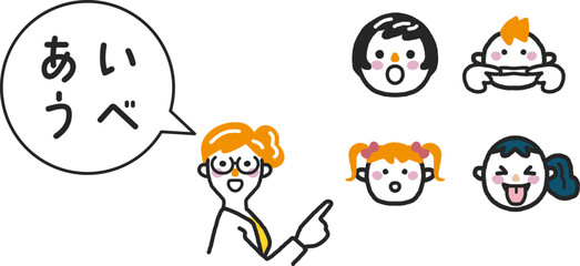 あいうべ体操を指導する女医　セット　イラスト素材
