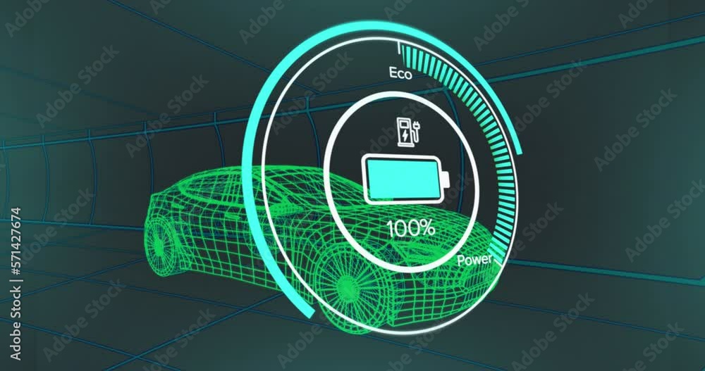 Aufkleber animation of speedometer interface over 3d car model in seamless tunnel on blue background