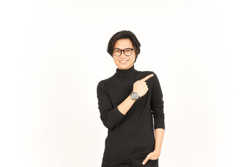 Fototapeta premium Showing Product and Pointing Side using forefinger Of Handsome Asian Man Isolated On White