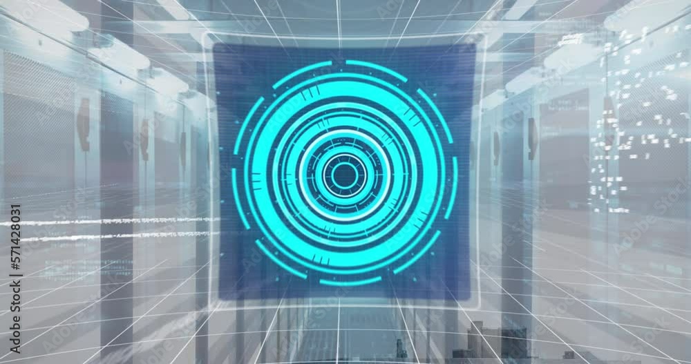 Poster animation of screens with data processing against light trails over computer server room
