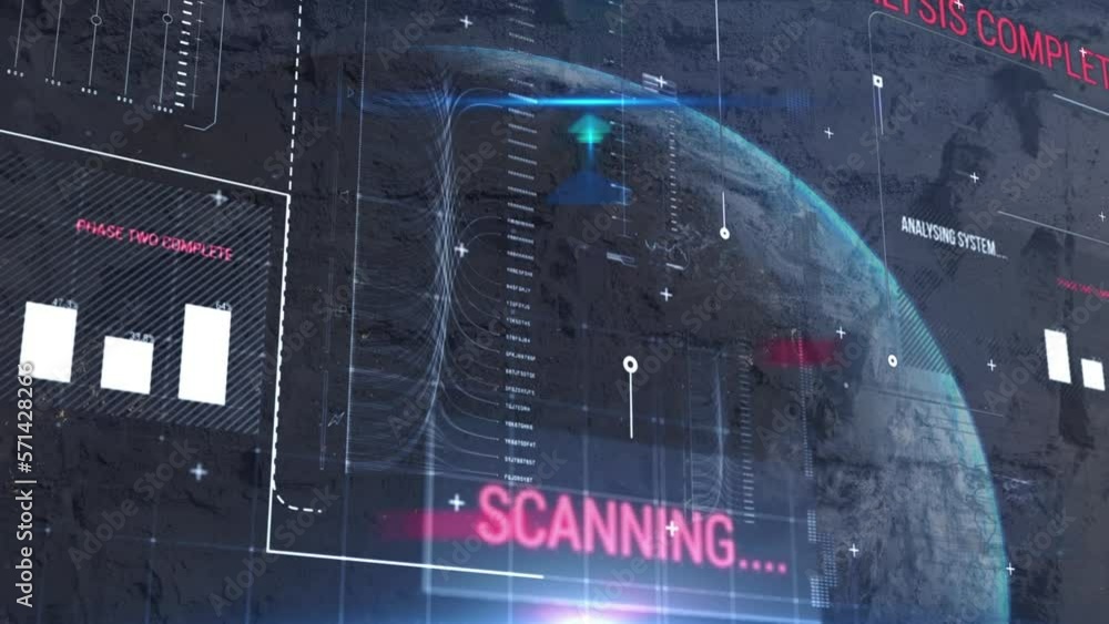 Poster animation of interface with data processing over globe against grey textured background