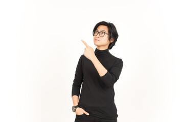 Obraz premium Showing Product and Pointing Side using forefinger Of Handsome Asian Man Isolated On White