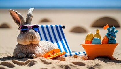 Colorful beautiful Easter dream with Easter bunny on vacation trip created with generative ai technology