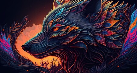 Celestial wolf, vision, protector, spirit, tribal style, imaginary creature isolated on fire background, AI Generative