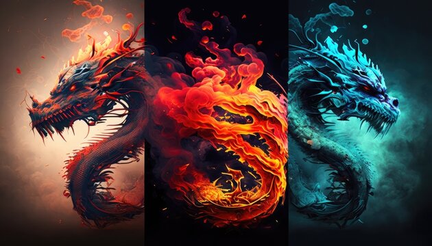 Fire dragon and ice dragon, split frame, three vertical images in red, orange and turquoise, AI generative
