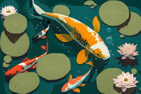 Koi Fish In A Pond With Lilly Pads. AI Generated Illustraton.