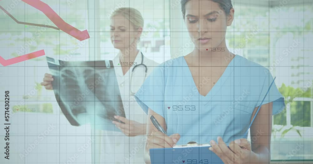 Poster animation of statistical data processing over biracial female health worker examining x-ray report