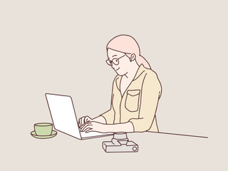 Female employee working at desk with laptop simple korean style illustration