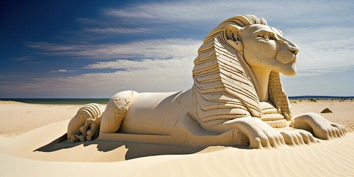 Sphinks or lion sand statue on sea shore, AI generative