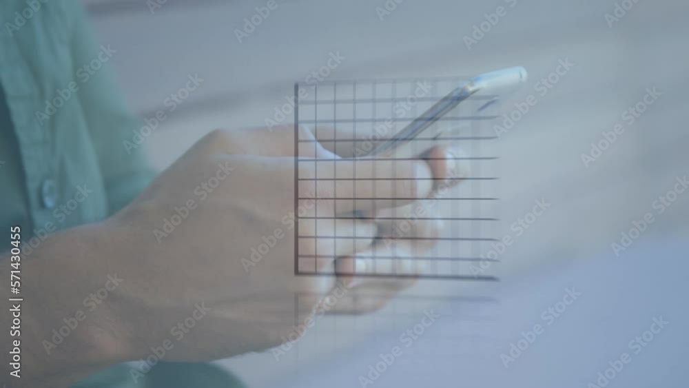 Poster animation of statistical data processing against mid section of a man using smartphone