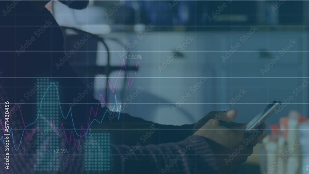 Aufkleber animation of statistical data processing against african american man using smartphone
