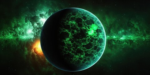 Exoplanet in space with a green atmosphere, lovely planet, and background in space. Generative AI