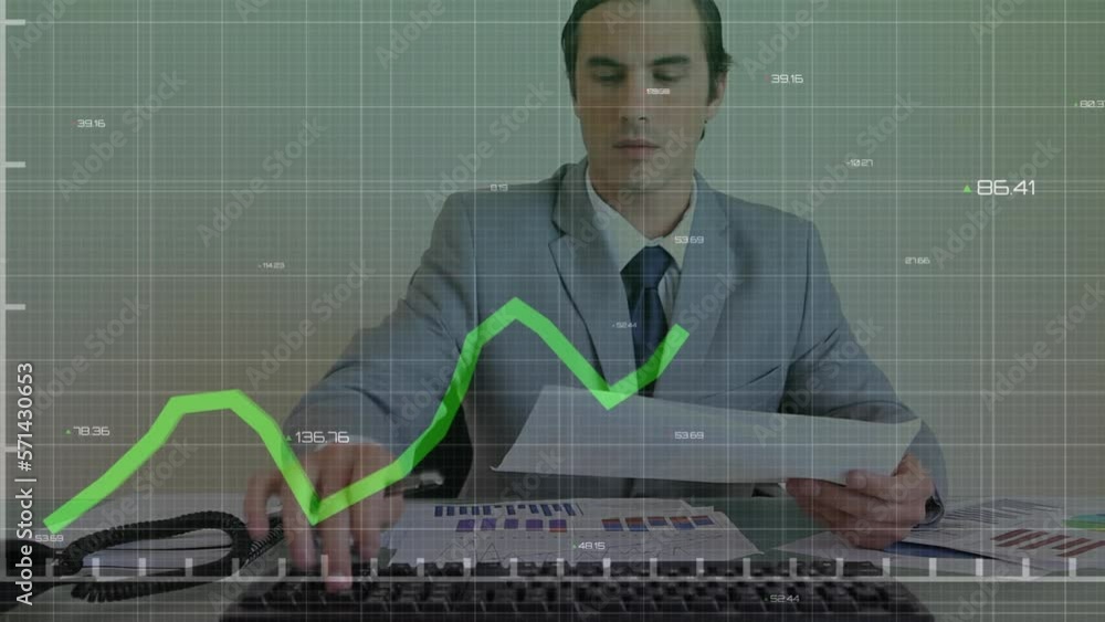 Aufkleber animation of statistical data processing over caucasian businessman reading documents at office