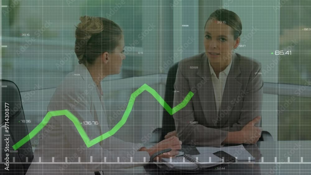 Poster animation of statistical data processing over two caucasian businesswoman discussing at office