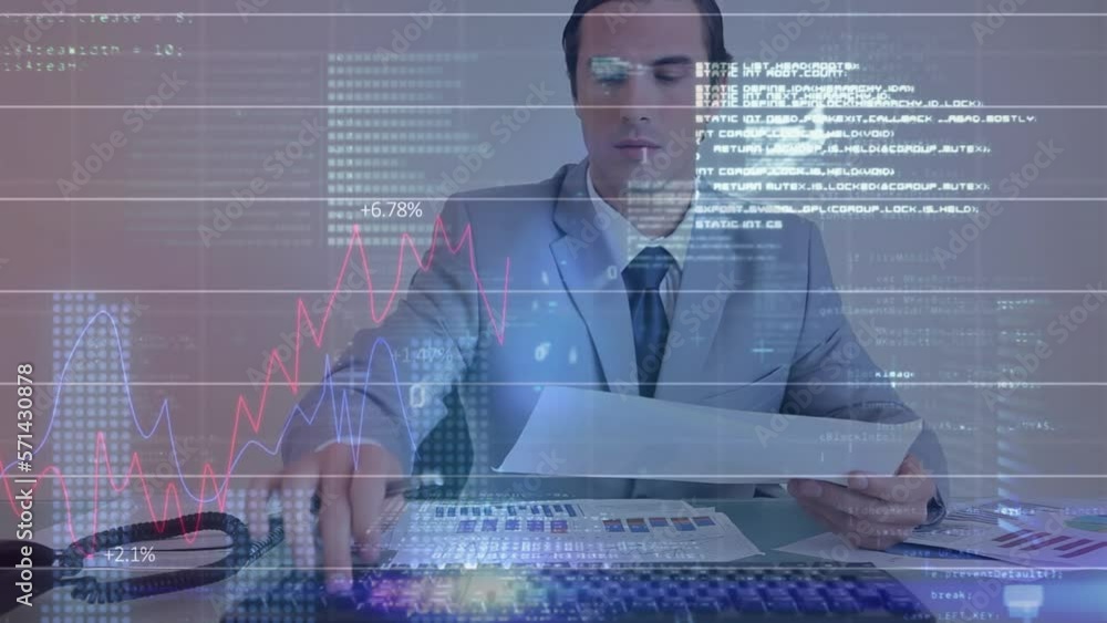 Aufkleber animation of statistical data processing over caucasian businessman reading documents at office