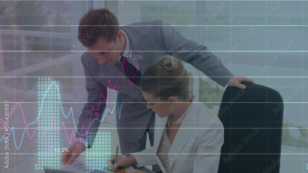 Aufkleber animation of statistical data processing over caucasian businessman and businessman discussing