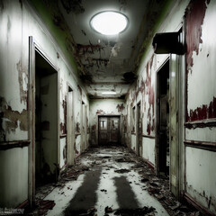 The interiors of an abandoned hospital, in a horror style, with eerie corridors. Generative AI