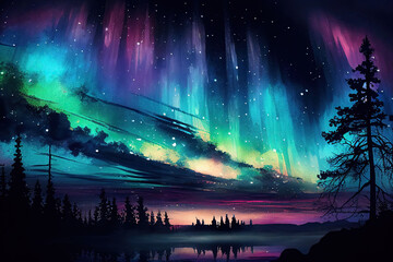 Obraz premium Northern Lights Night Sky Watercolor Backgrounds, Generative AI