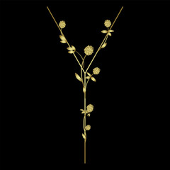 Capital letter Y with floral motifs. Decorative font with blooming branches of red clover flower. Golden glossy silhouette on black background.