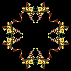 Geometrical ethnic frame with ancient Mexican Aztec gods or goddesses. Codex illustration. Native American art. On black background.