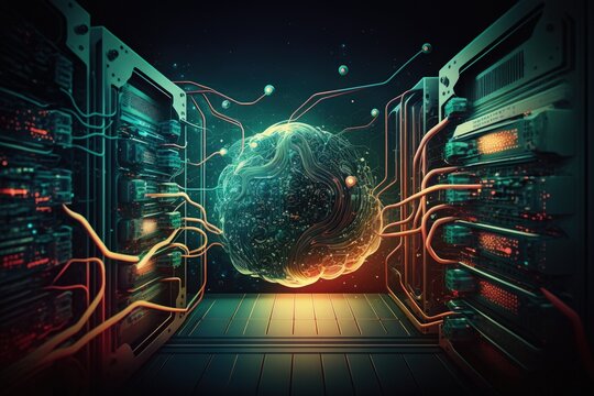 network connections across a server room composition. Digitally produced concept graphic of global technology, computers, and digital interface. Generative AI