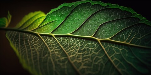 Detailed macroshot of a green leaf's veins, midribs, and other elements. Generative AI