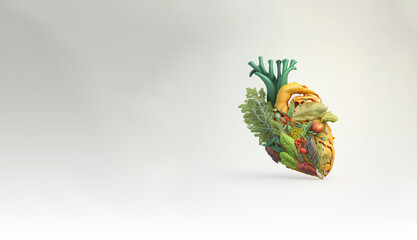 Obraz na płótnie Canvas Vegetables and fruit with heart shape as concept of cardiovascular health. Created by Generative AI