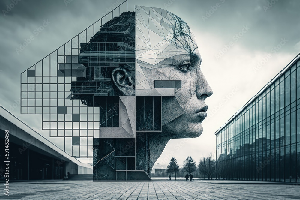 Poster abstract virtual artificial intelligence concept with a drawing of a human head against a background