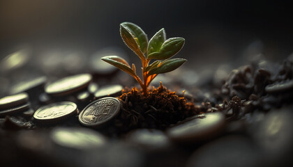A bud growing on a pile of coins. Business growth, profit, and success illustration. Generative AI