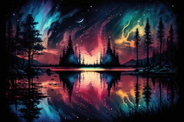 Lake is surrounded by trees and lit by the sky. Science fiction, a lovely natural setting at night, the northern lights reflected in the water, and multicolored sparks. Illustration of a magic realism