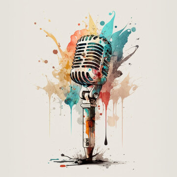 retro microphone ,podcast,studio,watercolor generative Ai