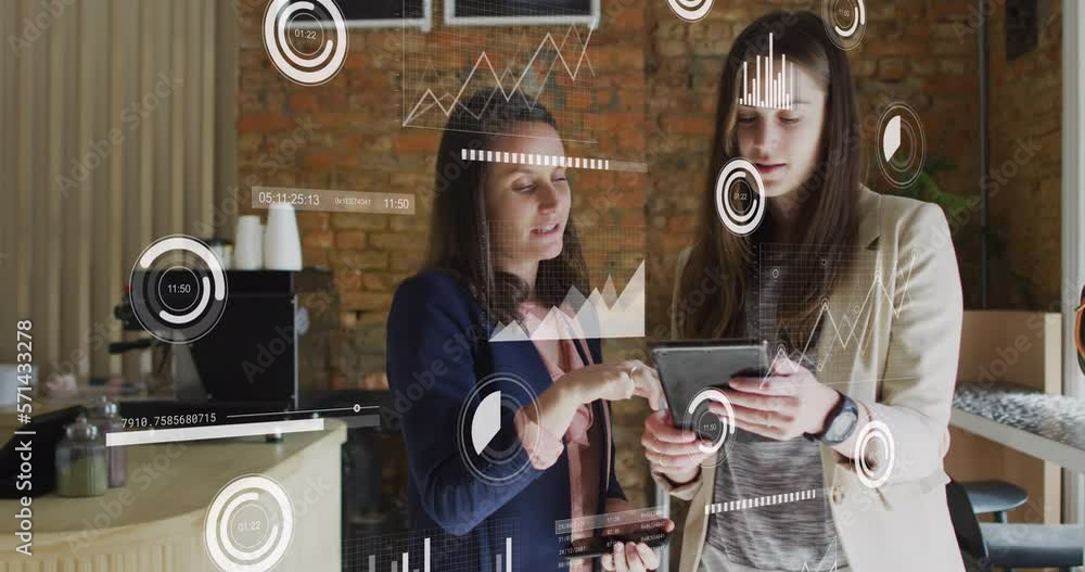 Poster animation of statistical data processing over two caucasian women discussing over digital tablet