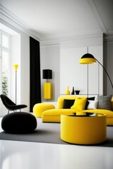 White living room with luxurious furniture and  yellow details, Generative AI