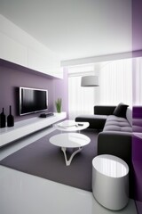 White living room with luxurious furniture and purpple, Generative AI