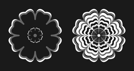 Set of flowers on black background Round ornaments Abstract flower elements for creative design tasks Mandala Vector illustration