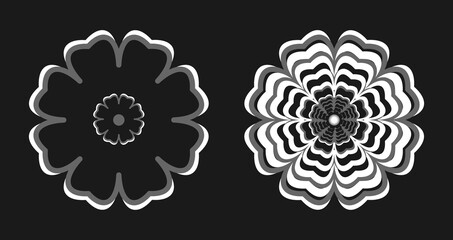 Set of flowers on black background Round ornaments Abstract flower elements for creative design tasks Mandala Vector illustration