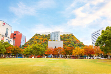 Fukuoka, Japan - Nov 21 2022: ACROS Fukuoka is a conventional office building with a huge terraced...