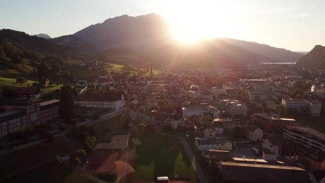 Golden warm light of the sunset. Aerial view of the city of Lucern, Switzerland