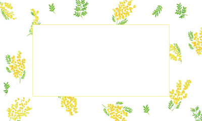 水彩画。水彩タッチのミモザイラストベクターフレーム。ミモザのベクター背景。Watercolor. Mimosa illustration vector frame with watercolor touch. Mimosa vector background.