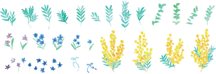 水彩画。水彩タッチのミモザイラストベクターフレーム。ミモザのベクター背景。Watercolor. Mimosa illustration vector frame with watercolor touch. Mimosa vector background.