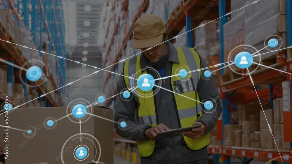 Poster animation of network of icons over caucasian male worker using digital tablet and checking stock
