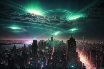 Fototapeta na wymiar Alien UFO invasion in the main cities, countries, and capitals of the world, with beautiful sky lightnings and colourful atmospheric phenomena, generative ai