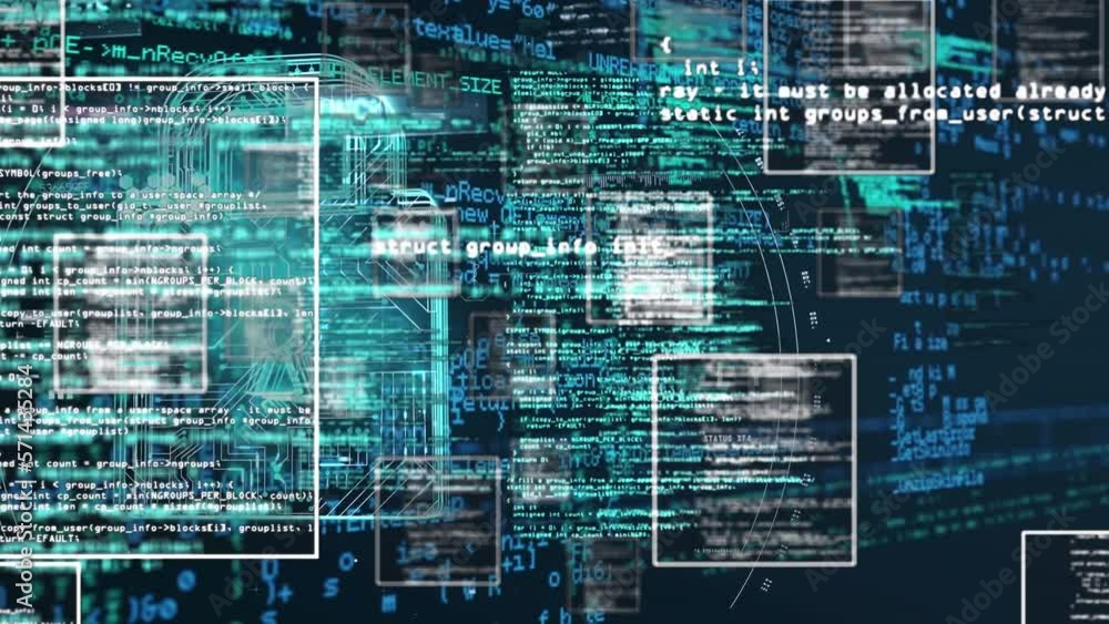 Poster animation of computer language, squares over circuit board pattern in padlock on abstract background
