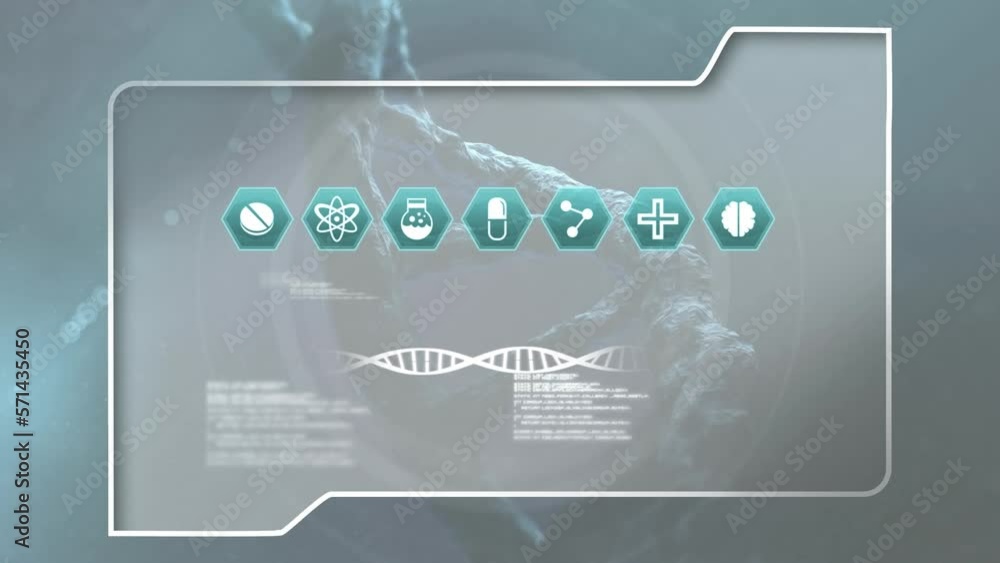 Poster animation of icons and data processing and dna strand