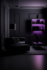 Black living room with furniture in purpple details, Generative AI