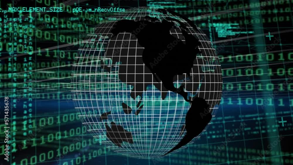 Aufkleber animation of grid patterned globe over computer language and binary codes on black background