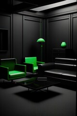 Black living room with furniture in green details, Generative AI
