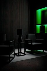 Black living room with furniture in green details, Generative AI